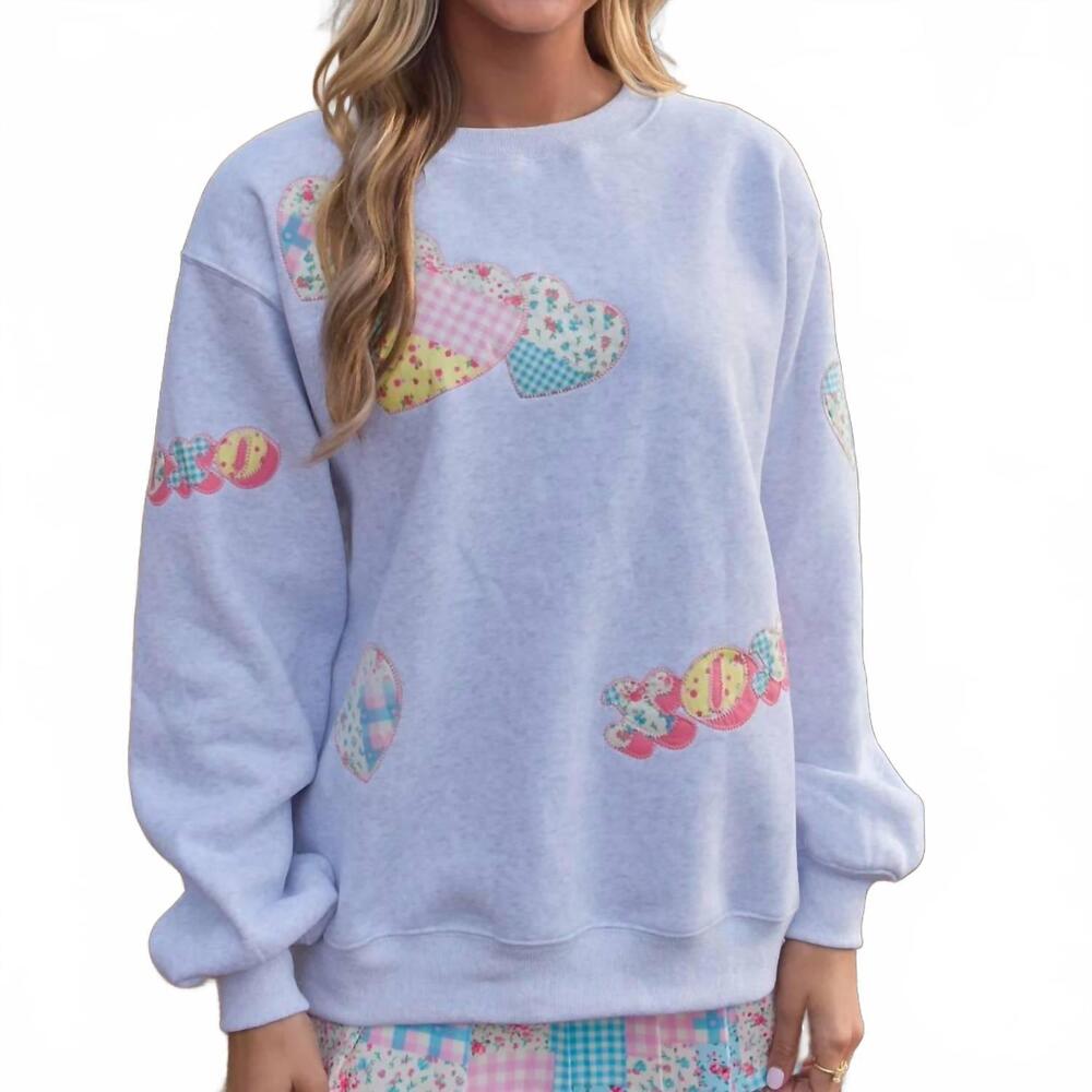NEW PEACH LOVE sweetheart patchwork crewneck sweatshirt in gray